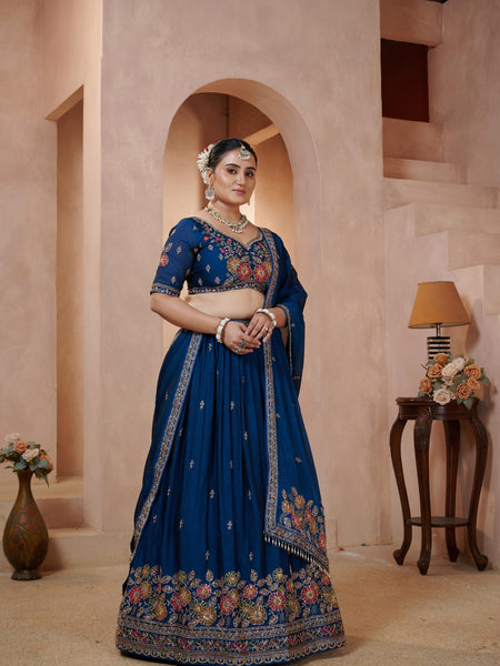 Teal Blue Occasion Wear Embroidered Lehenga Set