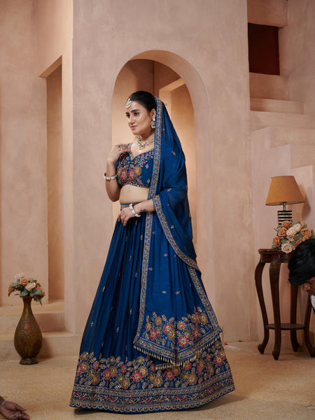 Teal Blue Occasion Wear Embroidered Lehenga Set