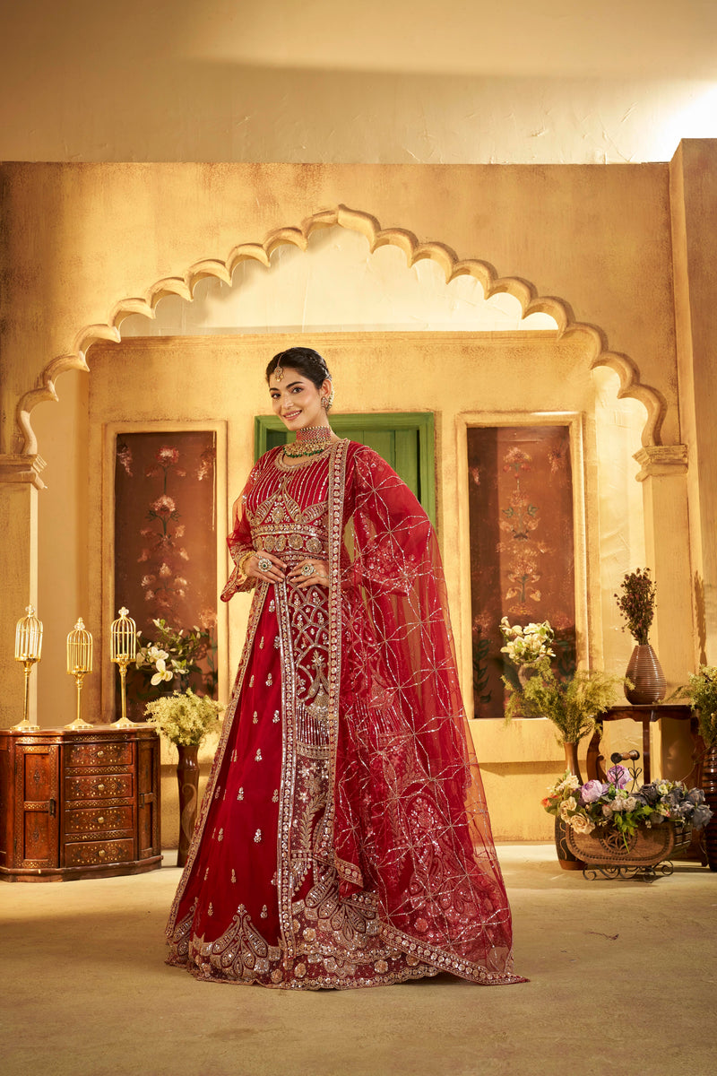 Maroon Sindoor Satin Embroidered Lehenga Set for Women