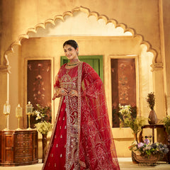 Maroon Sindoor Satin Embroidered Lehenga Set for Women
