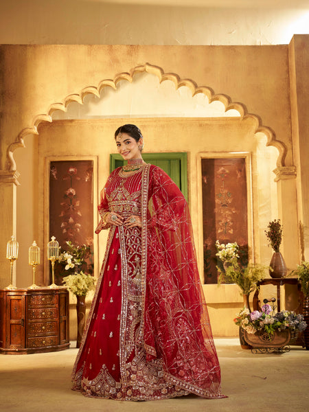 Maroon Sindoor Satin Embroidered Lehenga Set for Women