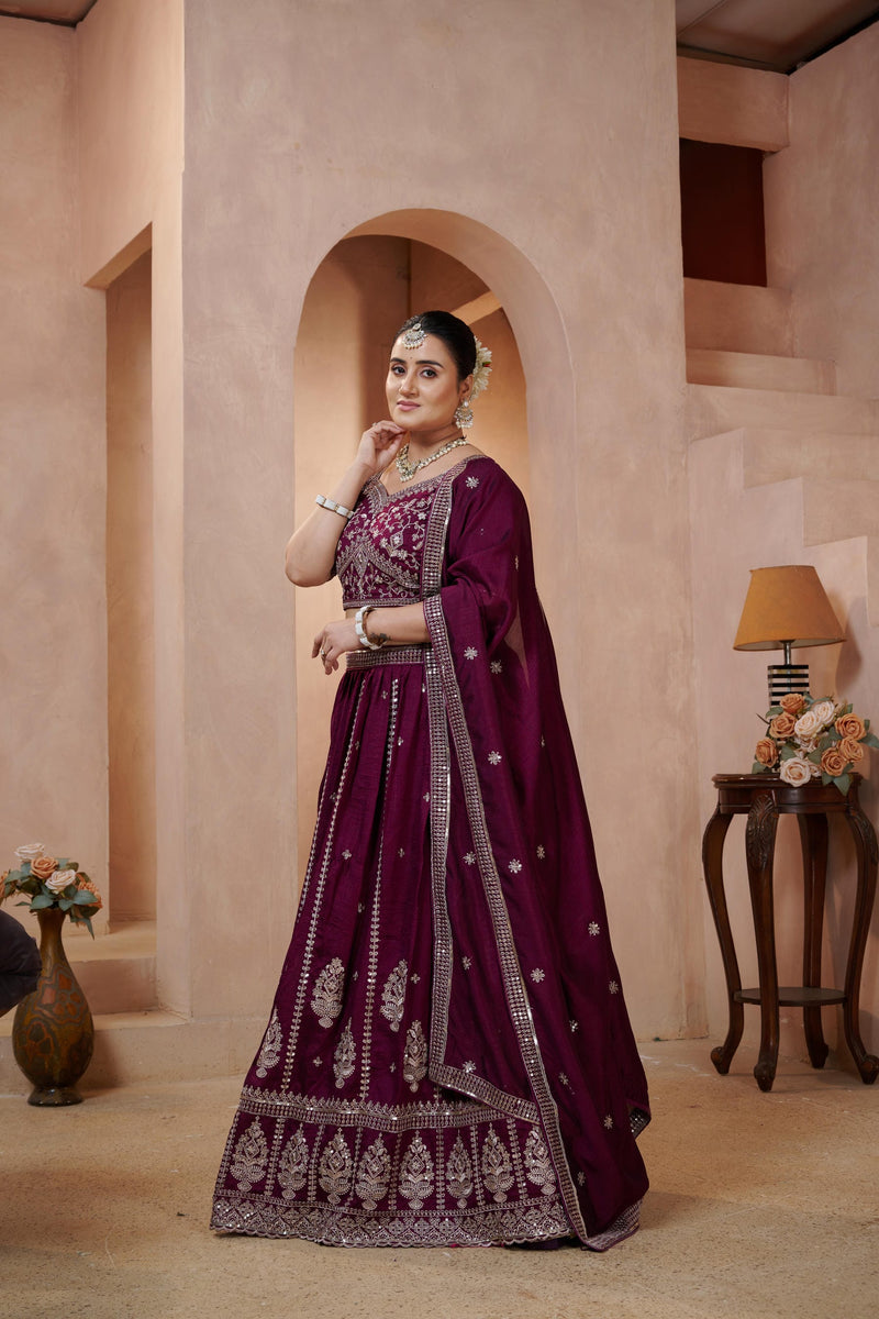 Purple Contemporary Ethnic Vichitra Embroidered Lehenga Choli