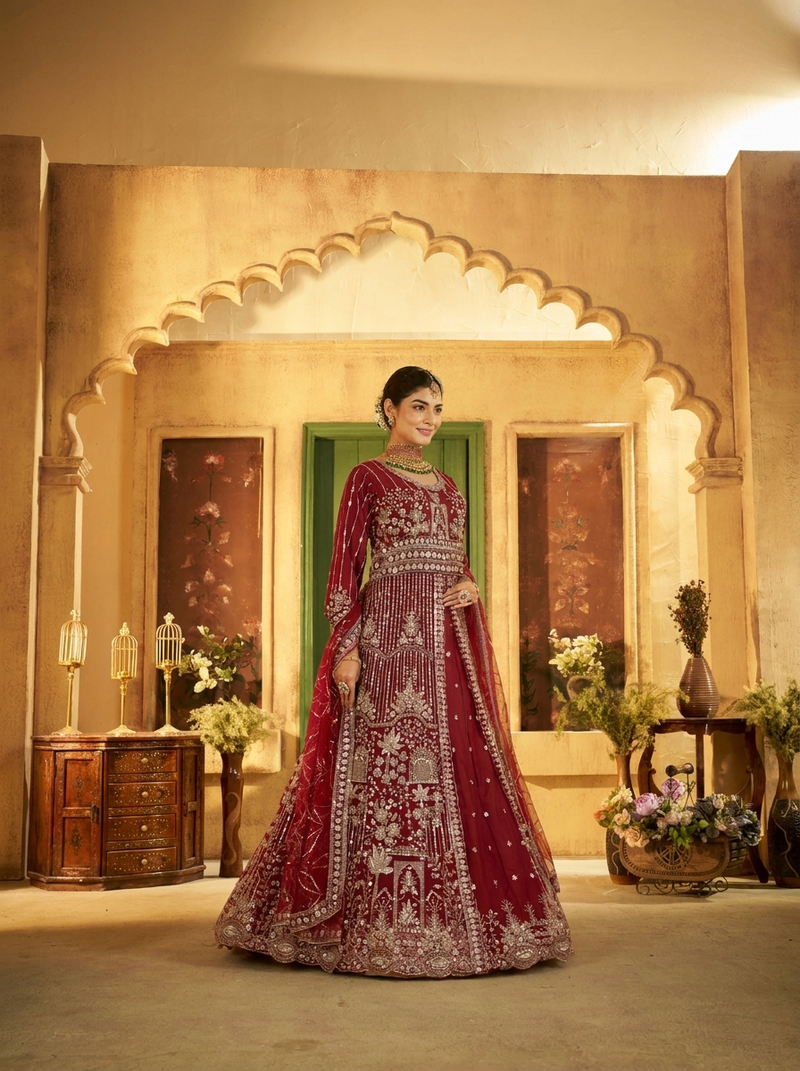 Firozi Contemporary Ethnic Embroidered Satin Lehenga
