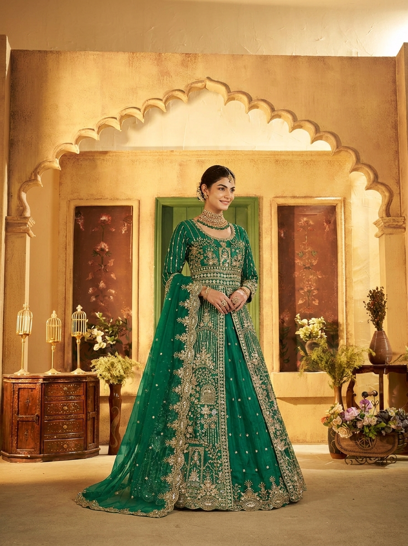 Firozi Contemporary Ethnic Embroidered Satin Lehenga