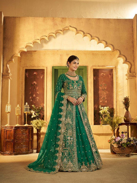 Green Traditional Satin Embroidered Lehenga for Festive Wear