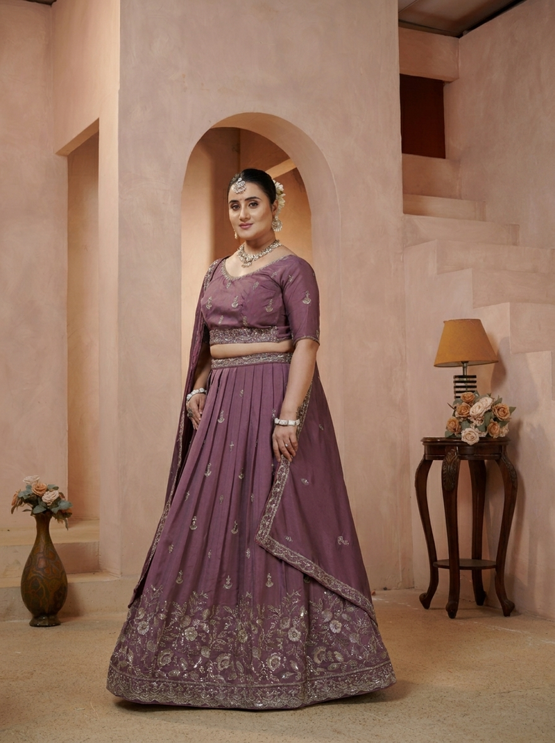 Wine Vichitra Embroidered Premium Festive Lehenga Choli