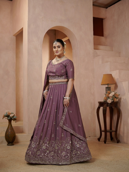 Wine Vichitra Embroidered Premium Festive Lehenga Choli