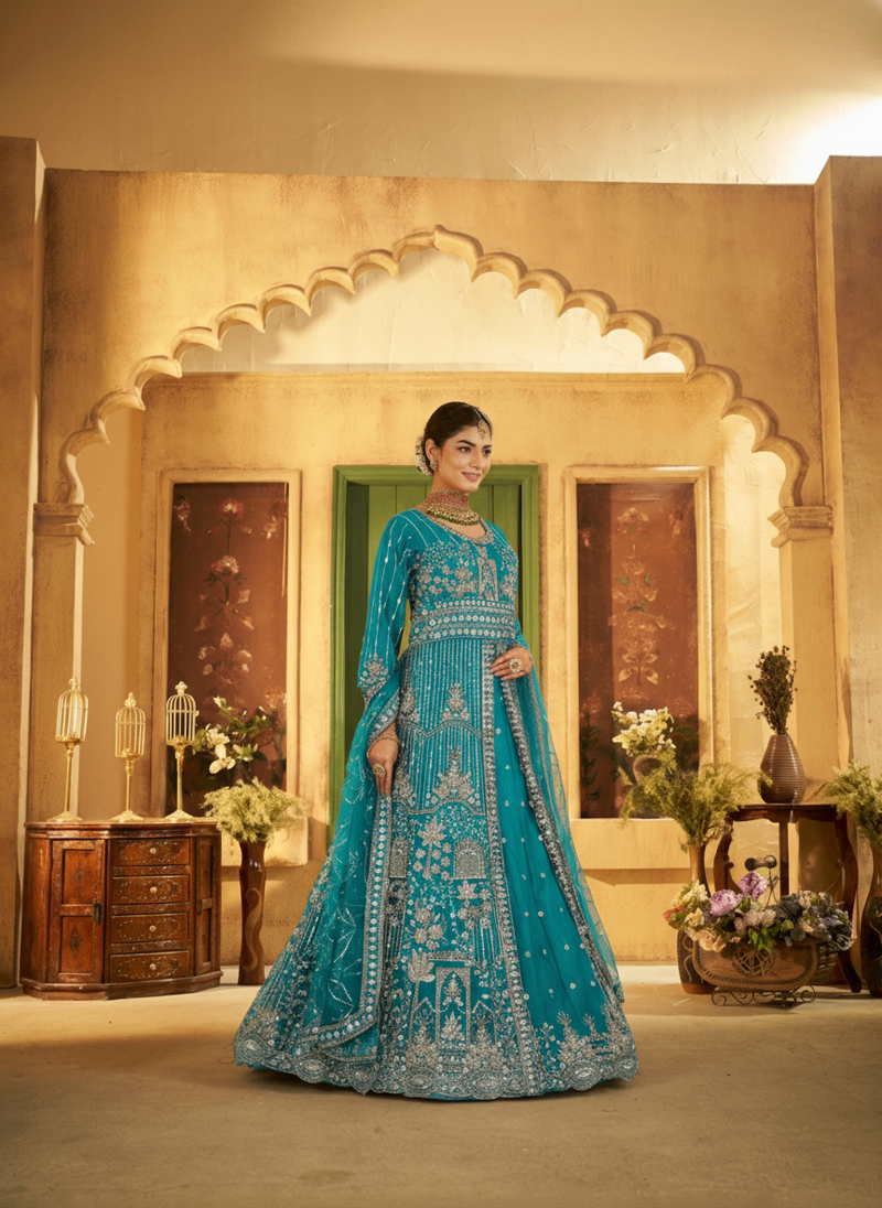 Firozi Contemporary Ethnic Embroidered Satin Lehenga
