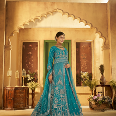 Firozi Contemporary Ethnic Embroidered Satin Lehenga