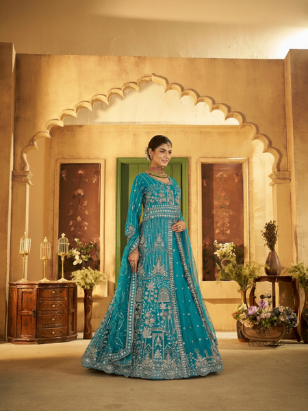 Firozi Contemporary Ethnic Embroidered Satin Lehenga
