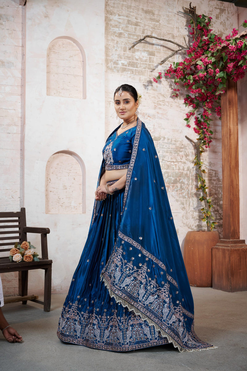 Teal Blue HO Silk Embroidered Elegant Lehenga Choli