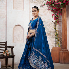 Teal Blue HO Silk Embroidered Elegant Lehenga Choli