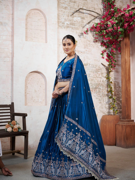 Teal Blue HO Silk Embroidered Elegant Lehenga Choli