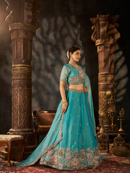 Sea Blue Embroidered Moss Silk Lehenga Choli
