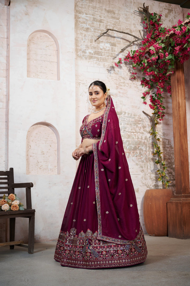 Wine Silk Crush Embroidered Wedding Lehenga