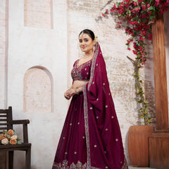 Wine Silk Crush Embroidered Wedding Lehenga