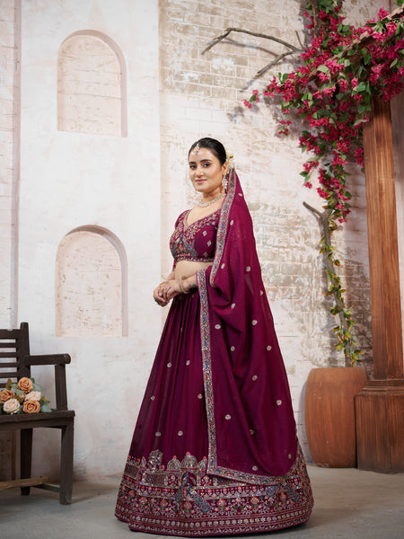 Wine Silk Crush Embroidered Wedding Lehenga
