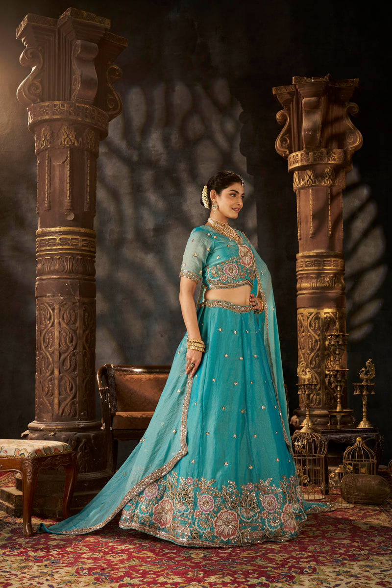 Orange Traditional Moss Silk Embroidered Lehenga