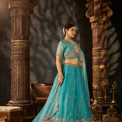 Orange Traditional Moss Silk Embroidered Lehenga