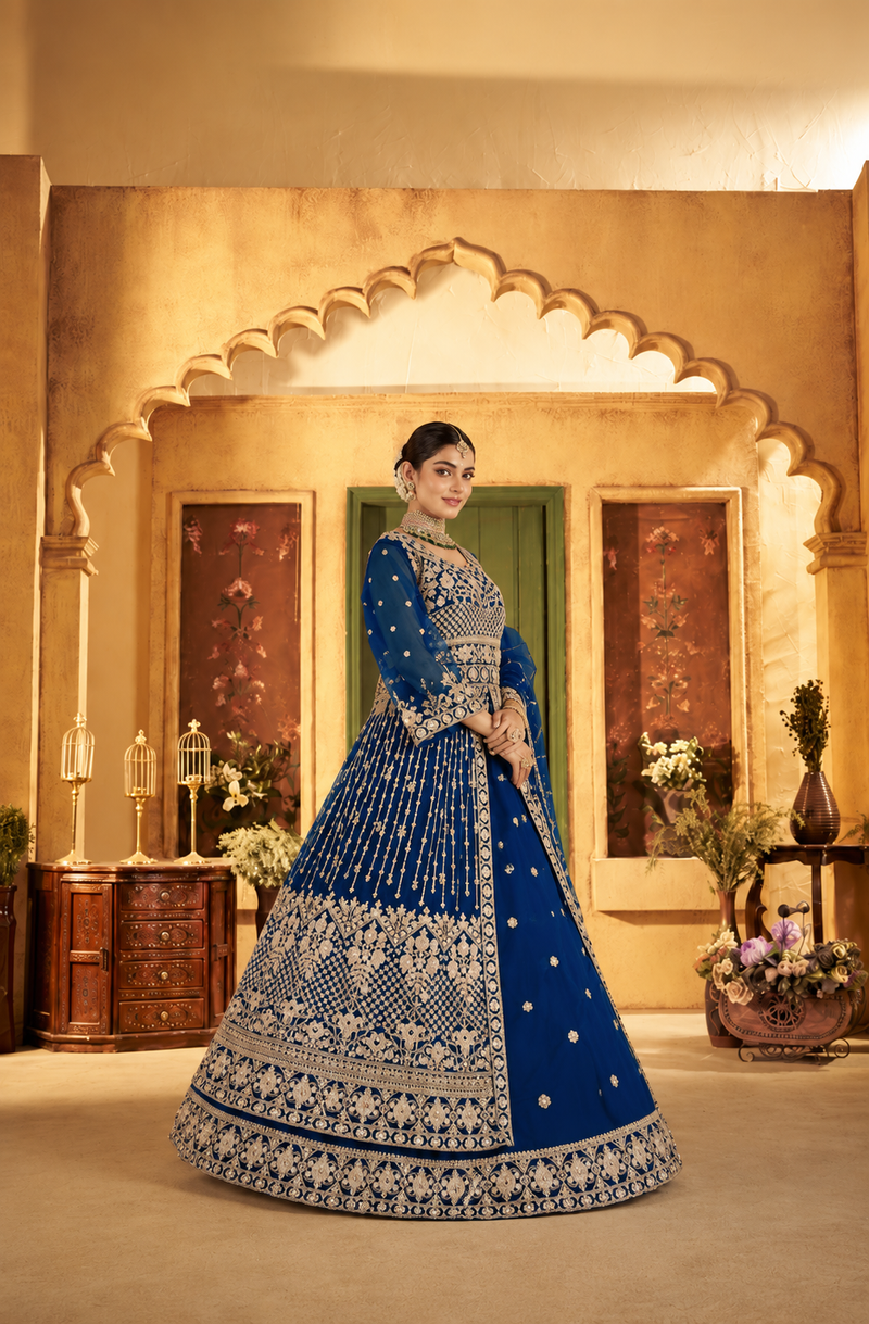 Green Festive Satin Embroidered Lehenga Set