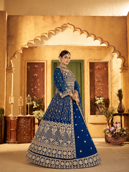 Blue Party Wear Embroidered Satin Lehenga Choli