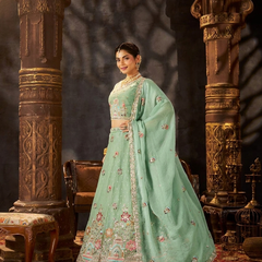 Peach Festive Moss Butti Embroidered Lehenga Choli