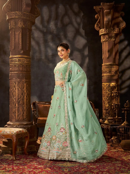 Mint Green Traditional Embroidered Moss Butti Lehenga