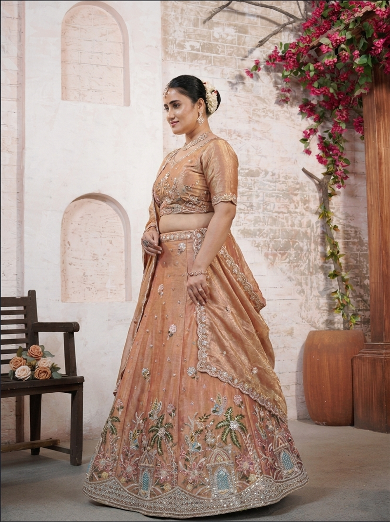 Golden Moss Silk Traditional Embroidered Lehenga