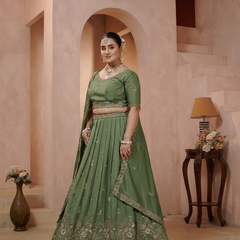 Olive Green Vichitra Ethnic Embroidered Lehenga Set