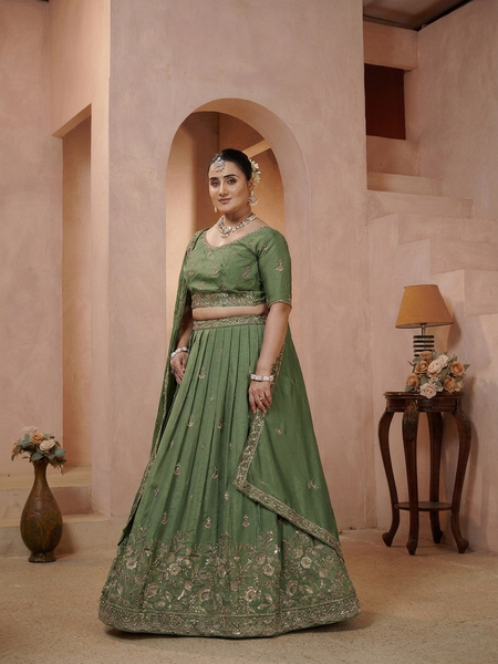 Olive Green Vichitra Ethnic Embroidered Lehenga Set