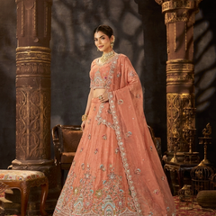 Peach Festive Moss Butti Embroidered Lehenga Choli