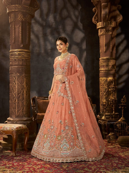 Peach Festive Moss Butti Embroidered Lehenga Choli