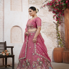 Pink Moss Silk Occasion Wear Embroidered Lehenga