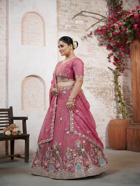 Pink Moss Silk Occasion Wear Embroidered Lehenga