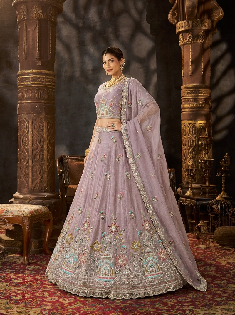 Peach Festive Moss Butti Embroidered Lehenga Choli