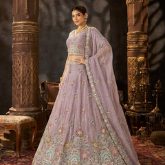 Peach Festive Moss Butti Embroidered Lehenga Choli