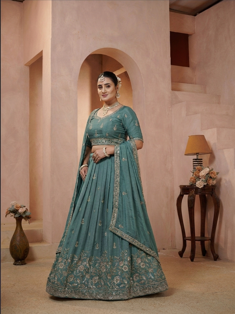 Teal Blue Vichitra Embroidered Occasion Lehenga Choli