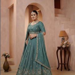 Teal Blue Vichitra Embroidered Occasion Lehenga Choli