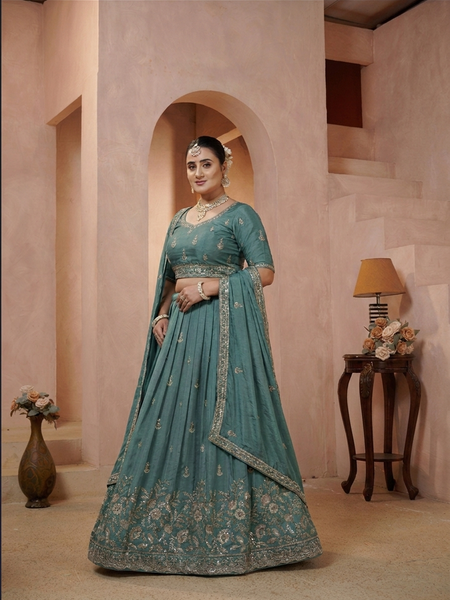 Teal Blue Vichitra Embroidered Occasion Lehenga Choli