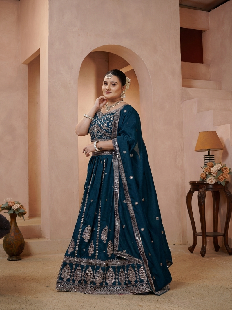 Teal Blue Festive Vichitra Embroidered Lehenga Set