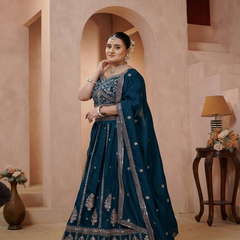 Teal Blue Festive Vichitra Embroidered Lehenga Set