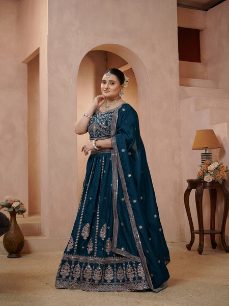 Teal Blue Festive Vichitra Embroidered Lehenga Set