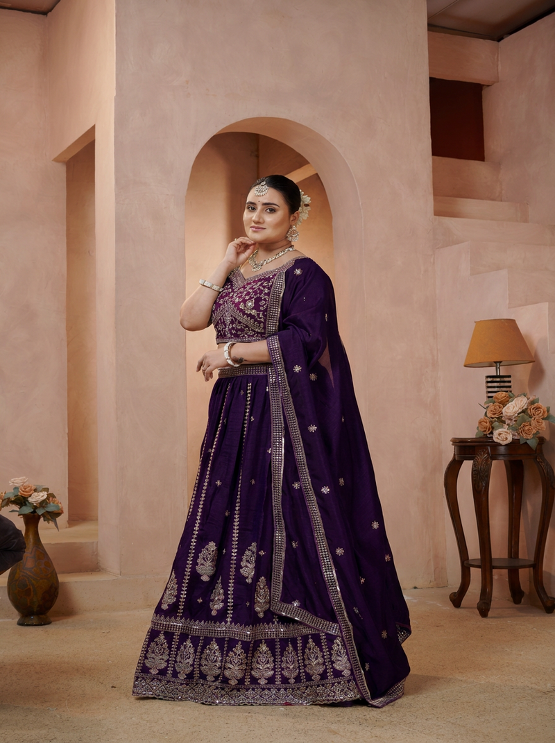 Wine Vichitra Statement Embroidered Lehenga Choli