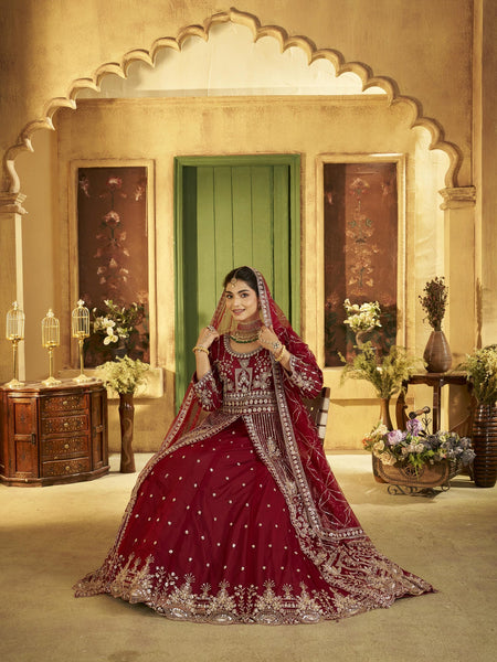 Maroon Royal Sindoor Satin Embroidered Lehenga Choli