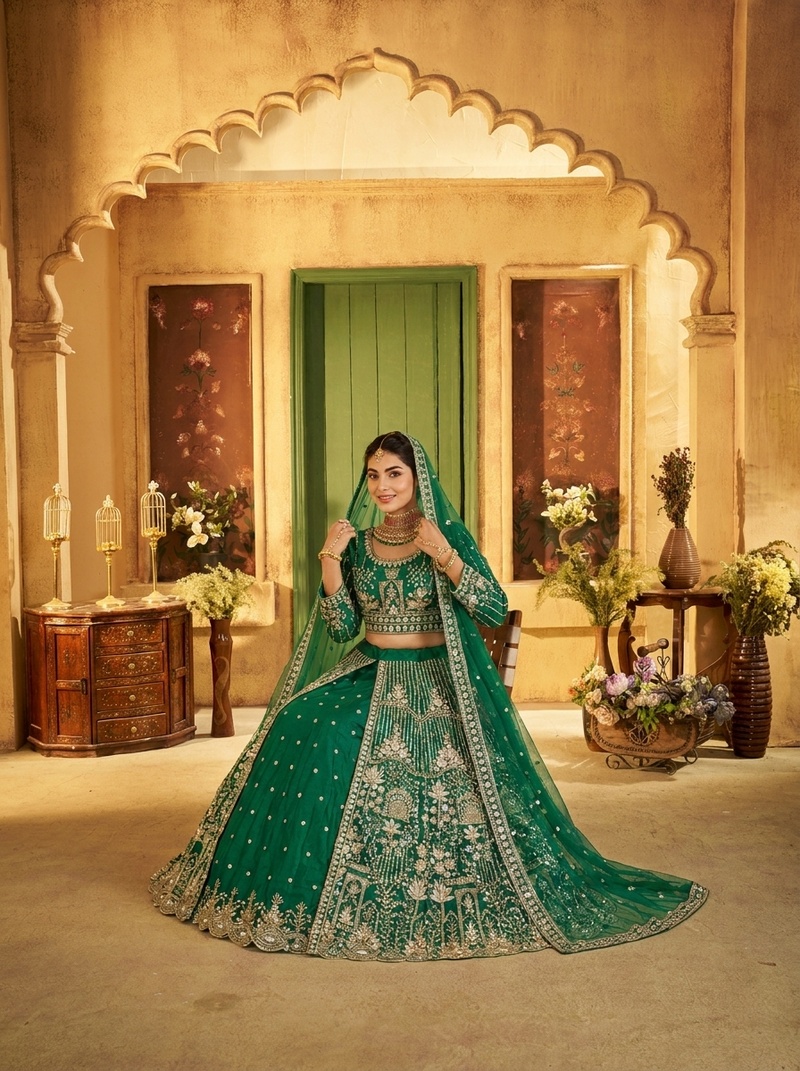 Firozi Contemporary Ethnic Embroidered Satin Lehenga