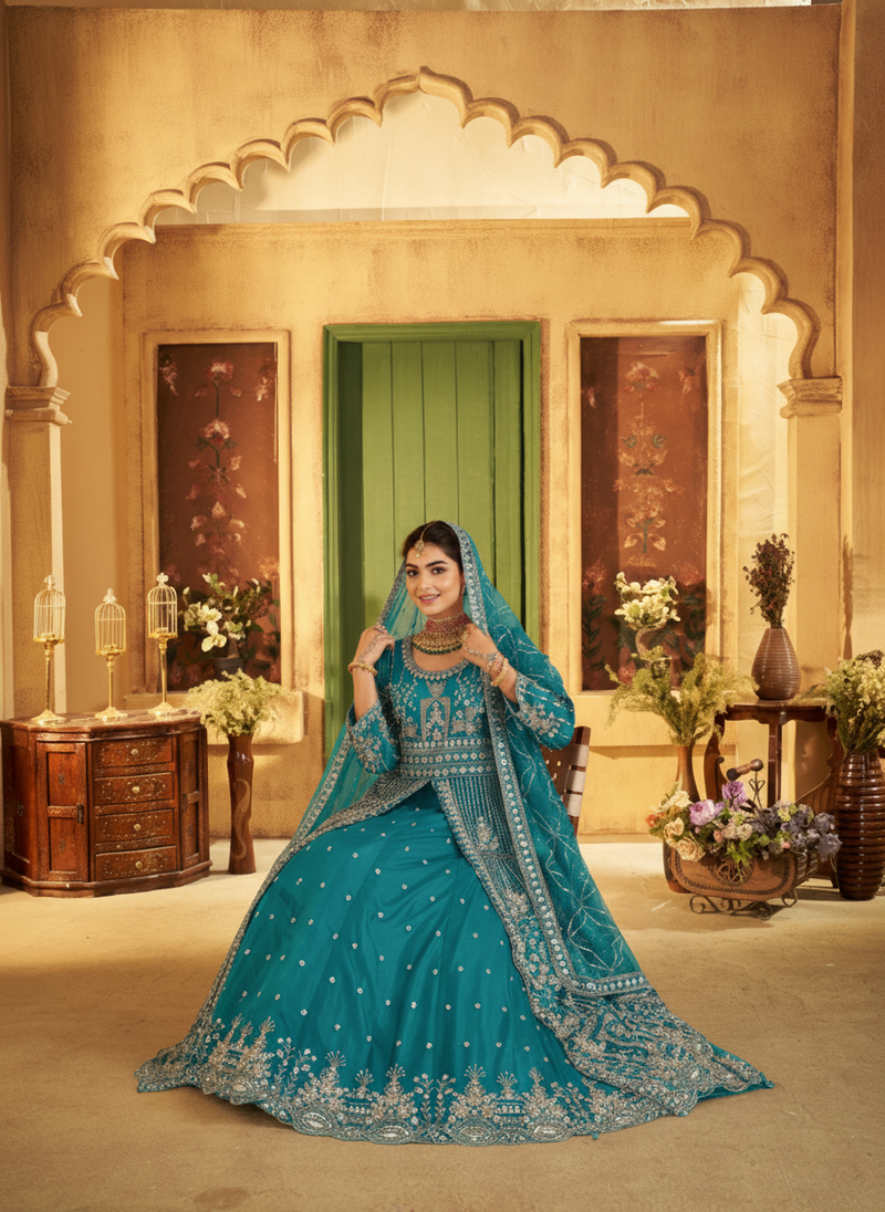 Firozi Contemporary Ethnic Embroidered Satin Lehenga