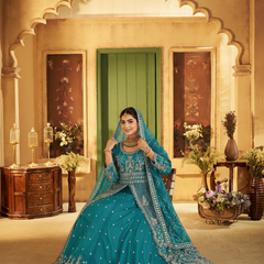 Firozi Contemporary Ethnic Embroidered Satin Lehenga