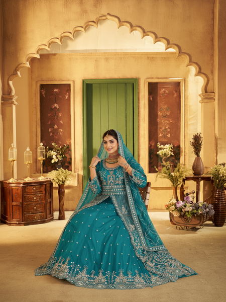 Firozi Contemporary Ethnic Embroidered Satin Lehenga