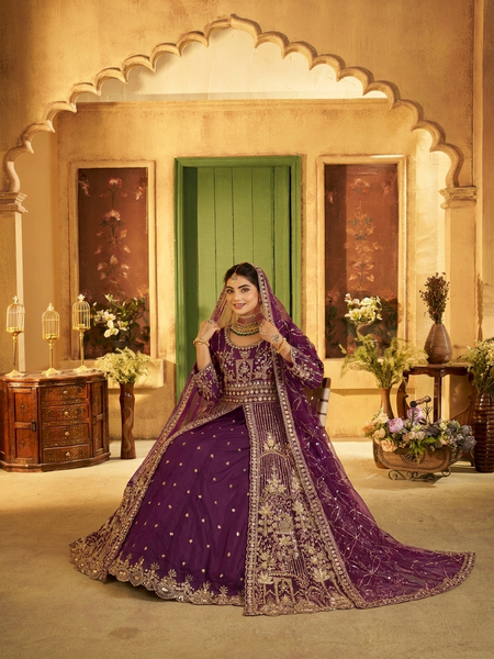 Wine Premium Wedding Sindoor Satin Lehenga Set